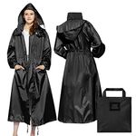 LAMA Womens Long Raincoats with Hood, Waterproof Reusable Packable Rain Coat with Long Sleeves for Adults Womens Ladies, Rain Coat for Bike Moto Riding Hiking Trekking Black