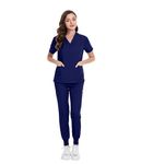 MEDSKIN Scrubs Set for Women - Stretch V-Neck Scrub Top & Jogger Trouser Pants with 8 Pockets (Navy, S)