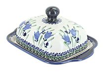 Polish Pottery Blue Tulip Square Butter Dish