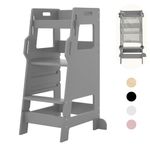 FUNLIO Toddler Tower with Safety Net, Kids Kitchen Step Stool, 3-Level Height Adjustable Toddler Stool Helper, Montessori Child Standing Tower, Easy to Assemble, CPC Approved - Grey