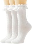 AMHRLINGTO Women Lace Socks Ruffle Frilly Socks - Comfortable Cotton Socks Cute Socks Princess Lolita for Ladies Gril, White - 3 Pairs, 5-9