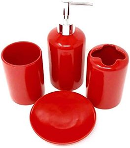 WPM 4 Piece Ceramic Bath Accessory Set | Includes Bathroom Designer Soap or Lotion Dispenser w/Toothbrush Holder, Tumbler, Soap Dish Choose from Purple, Black, Brown, Navy or Burgundy Red
