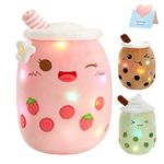 Athoinsu Light Up Strawberry Tea Soft Plush Pillow 10'' Kawaii Milky Tea Stuffed Bubble Animal Toy with LED Lights Birthday Christmas Holiday Valentines Gifts for Kids,Girls,Boys