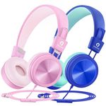 ADOOPE Kids Headphones with Microphone, 2 Pack, Blue, Pink, Lightweight, Adjustable, for School, Travel, Child, Foldable Kids Headset with Sharing spliter