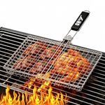 QH7 Heavy Duty Stainless Steel Grill Basket for Camping & BBQ - Foldable, Portable Grilling Grate with Detachable Handle - Non-Stick Mesh for Fish, Vegetables, Shrimp, Burgers & More