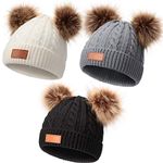 Kids Winter Pompom Hat Knitted Ski Beanie Hat Double Pom Beanie Cap for Girls Boys, for 1-3 Years Old (Gray, White, Black, 3 Pieces)