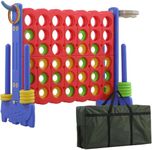 BBTEQEKN Giant 4 in a Row Game with Carrying Bag, Giant 4-to-Score Game Set with Basketball and Hoop, Ring Toss, Indoor & Outdoor Family Party Game for Kids & Adults(Red + Blue) for Over 3 Years Old