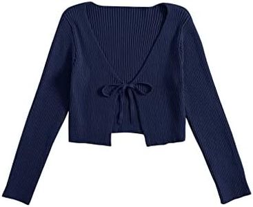 Floerns Women's Tie Front Long Sleeve Rib Knit Shrug Sweaters Cardigan Crop Top Navy Blue XS