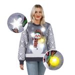 JOYIN Christmas Women Snowman Gray Ugly Jumper and Light Bulb Novelty LED Light Up Long Sleeve Xmas Knitted Pattern Pullover Jumper (XL)