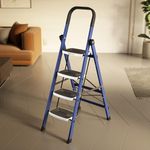 amazon basics Super Clamber - Non-Trip and Flat-Foldable Step Ladder, with Anti-Skid Steps and Double-Grip Technology, 4 Steps (Steel, Blue & White)