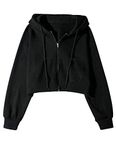 Yimoon Zip Up Hoodie Women Cropped Waffle Knit Vintage Sweatshirt Casual Jackets Long Sleeve Hooded with Pockets, Black, X-Large
