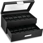 Glenor Co Watch Box for Men - 24 Slot Luxury Display Case Organizer, Carbon Fiber Design -Metal Buckle for Mens Jewelry Watches, Men's Storage Holder w Large Glass Top, Drawer & Leather Pillows- Black