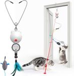 FEELNEEDY Interactive Cat Toys LED Light Hanging Cat Toys for Indoor Cats, Cat Wand Toy Cat Feather Toy, Feather & Mouse Cat Toys for Bored Adult Cats Kitten Exercise, White