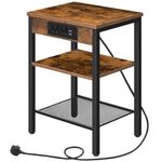 HOOBRO Side Table with Charging Station, Bedside Table with Charging Station, 2 Sockets and 2 USB Ports, Narrow Side Table, 3-Tier Bedside Table, Adjustable Shelf, Rustic Brown and Black EBF112KBZ01