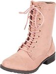 Forever Link Womens Round Toe Military Lace up Knit Ankle Cuff Low Heel Combat Boots, Dusty Pink, 6