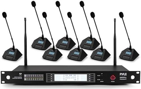 Pyle Wireless Microphone System with 8-Channel Mic Receiver | Includes 8 UHF Desktop Conference Mics | Plug-and-Play Setup with 300 ft Audio Range | Rack Mount Compatible & Selectable Frequencies
