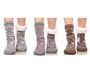 FRALOSHA Reindeer Home floor Socks Home Slipper Women's Winter Warm Fuzzy Anti-Skid Lined Indoor Floor Slipper Socks 3 Pairs (Brown/pink/grey)