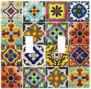 Yellow Vintage Mexican Moroccan Talavera Tile 2 Gang Outlet Light Switch Cover Orange Boho Mosaic Ceramics Tiles Double Toggle Electrical Outlet Covers Decorative Dual Device Switch Face Wall Plate