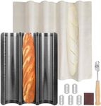 Barlket Black Baguette Bread Pan, 3 Loaf Bread Pan Nonstick, Perforated Baguette Tray, Oven Safe, Health Homemade Bread Baking Supplies with Couche, 15x11 Inch, Round Corner and Heat Evenly