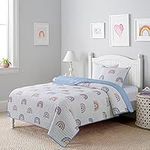 Soul & Lane Rainbow Quilt Set - Queen Size with 2 Shams, Cozy Lightweight Quilted Bedspread with Rainbows and Hearts Motif, Boho Pastel Bedding for Kids & Teens, Girls & Boys