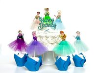 MILIANA 9-Pcs Frozen Anna Elsa Cake & Cupcake Topper with Happy Birthday Topper and Wall Banner- Mesh Tutu Dress Cup Cake Topper–Happy Birthday Banner - Princess Cake Decorations - Frozen Cake Topper