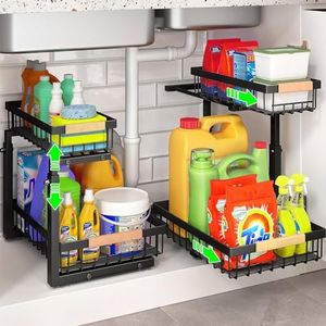 Wuciray Kitchen Sink Organiser, 2 Tier Under Sink Organiser Storage, Sliding Pantry Organiser with Unique Slide Rail, Adjustable Height, Suction Cups, Bathroom Kitchen Storage & Organisation