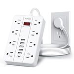 Power Bar with USB, Flat Plug Extension Cord Surge Protector 5 Ft, HUNIAN Power Strip with 8 Widely Spaced Outlets 6 USB Charger (1 USB C Port), Desk Charging Station for Home Office, White