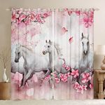 Horse Curtains Boys Cherry Blossoms Flower Curtain 42" Wx63 L Galloping Farm Animal Thermal Insulated Window Drapes Kids Teens Pink Floral Grommet Window Treatment for Bedroom Living 2 Panels