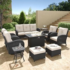 Aeeiua 10 Pieces Wicker Patio Furniture Set with Fire Pit Table, Luxury Outdoor Conversation Set with High Back Swivel Rocker Chairs