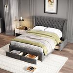 BTM Double Bed Frame 4FT6-135x190cm, Double Bed with 4 Drawers, Upholstered Double Bed with Headboard & Metal Underbed Bracket, Grey Snowflake Fleece, No Mattress