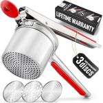 Zulay Large 15oz Potato Ricer with 3 Interchangeable Discs - Heavy Duty Stainless Steel Potato Masher - Ricer Kitchen Tool with Non-Slip Handle - Spaetzle Maker Press (Red)