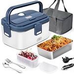 AUTOPkio Heatable Electric Lunch Box, 3 in 1 24V/ 12V/ 220V Heating Food Warmer 1.8L Stainless Steel Container and Spoon Fork with Bag for Car Truck Office Home (Blue)