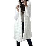 hlysgo Women's Fuzzy Fleece Hooded Open Front Long Cardigan Coat Sleeveless Faux Fur Vest Warm Winter Outwear Jackets, White, Medium