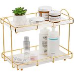 Hacaroa Bathroom Countertop Organizer with Marbling Tray, 2 Tier Makeup Organizer Wire Vanity Tray, Cosmetic Storage Shelf Counter Standing Rack, Dresser, Perfume, Gold,12.4inchL x 6.8inchW x 9inchH