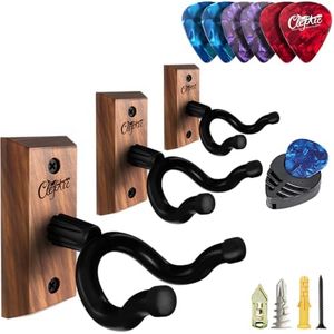 ClefArc Guitar Wall Mount 3 Pack, Black Walnut Guitar Wall Hangers, U-Shape Hardwood Guitar Hanger, Guitar Gifts for Men Guitarists, Guitar Accessories, with 6 Assorted Guitar Picks
