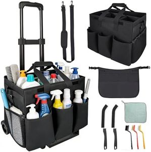 Cleaning Tools Cleaning Caddy with Wheels and Cleaning Apron, Large Rolling Cleaning Caddy Bag with Detachable Trolley, 6PCS Crevice Cleaning Brush Set, Adjustable Shoulder Strap & Multiple Pockets