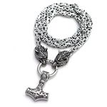 Leprato Men Wolf Head Thor Mjolnir Necklace Stainless Steel Norse Viking Thor Hammer Pendant King Chain Viking Amulet Necklace Viking Gifts, one size, Stainless Steel, No Gemstone