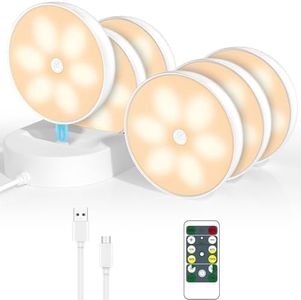 LED Closet Lights Motion Sensor Puck Light with Charge Station, USB Rechargeable Battery Operated Puck Step Lights, Dimmable Under Cabinet Lighting for Counter Wardrobe Kitchen (6 Pack)