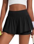 PINSPARK Flowy Shorts for Women 2 in 1 Running Workout Gym Athletic Tennis Short High Waisted Active Wear with Pockets, Black, X-Large