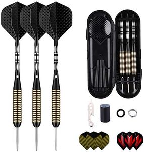 Steel Tip Darts Set for Dartboard, Professional Darts with Metal Tip 27 Grams, Brass Barrel + Black Aluminium Nylon Shafts 9 Flights 50 Rubber O-Rings 12 Spring Rings 1 Dart Sharpener Tool