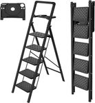 HBTower 5 Step Ladder with Wide Anti-Slip Pedals,250 Lbs Capacity Step Stool for Adults,Robust & Portable Foldable Step Ladder for Home, Kitchen, Library, Office, Black