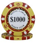 MRC POKER 50pcs Monte Carlo Poker Club 3-Tone Clay Composite 14 Gram Heavy Poker Chips (Yellow $1000)