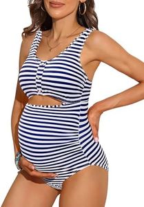 Charmo Maternity Swimsuit Ruched Scallop Trim Cut-Out One Piece Bathing Suit Scoop Neck Pregnancy Swim Suit Blue Striped XL