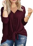 OLRIK Womens Plus Size Tops Long Sleeve V Neck Waffle Knit Tunic Blouse Tie Front Button Up T Shirts Wine Red-3X Plus