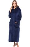 Alexander Del Rossa Women's Zip Up Fleece Robe with Hood, Soft Warm Plush Oversized Zipper Hooded Bathrobe, Navy Blue, X-Large