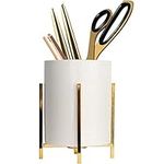 Office Pencil Holder Desktop Pen folder White ceramic With Metal Frame(1Pack 4.6 3.14in),Gold