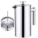 Shinhony French Press Coffee Maker, 304 Stainless Steel Coffee Maker, Double Wall Metal Insulated Coffee Tea Maker with 4 Level Filtration Systems for Home Office (1L/32oz)