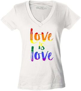 Love is Love Women's V-Neck T-Shirt Gay Pride Shirts Slim FIT, White, Large