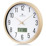 Lafocuse Beige Wooden Grain Frame LCD Wall Clock with Date and Temperature,Time,Month,Day of Week,Silent Quartz Digital Wall Clocks Battery Operated 12 inch Decorative for Living Room Office Bedroom