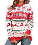 OLRIK Women's Ugly Christmas Sweater Adult Funny Snowflake Cute Sweaters for Women Sleigher Knitted Crew Neck Holiday Sweater Fitted Red-White Merry Christmas-M